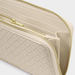 Woven synthetic leather wallet by Aldo featuring a cream-colored zip-around design with gold-toned hardware, multiple interior card slots, and a textured weave pattern