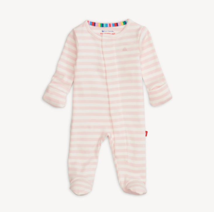 Baby footie with pale pink and cream stripes and a rainbow-striped neck lining