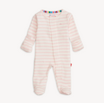 Pale pink and cream striped baby footie with fold-over cuffs and a rainbow-striped neck lining