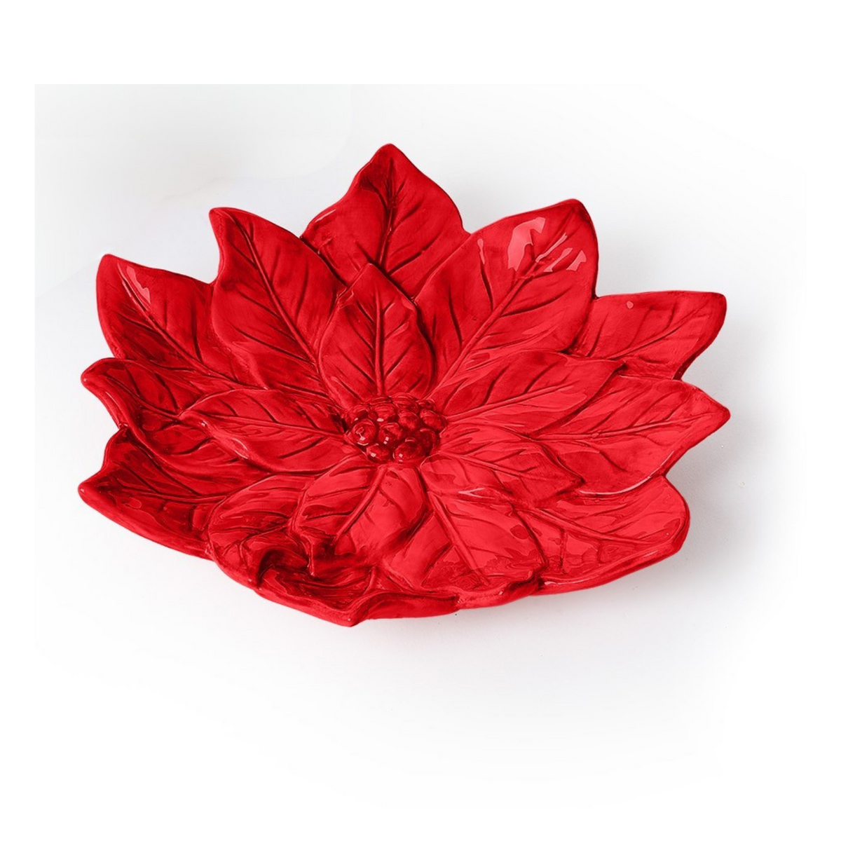 Angled view of the red poinsettia tidbit plate