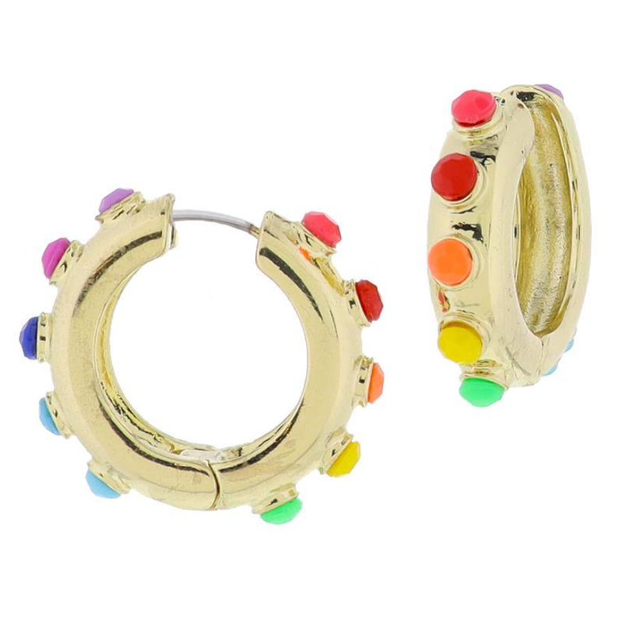 Thick Gold Hoop with Solid Multi Faceted Gems Earrings