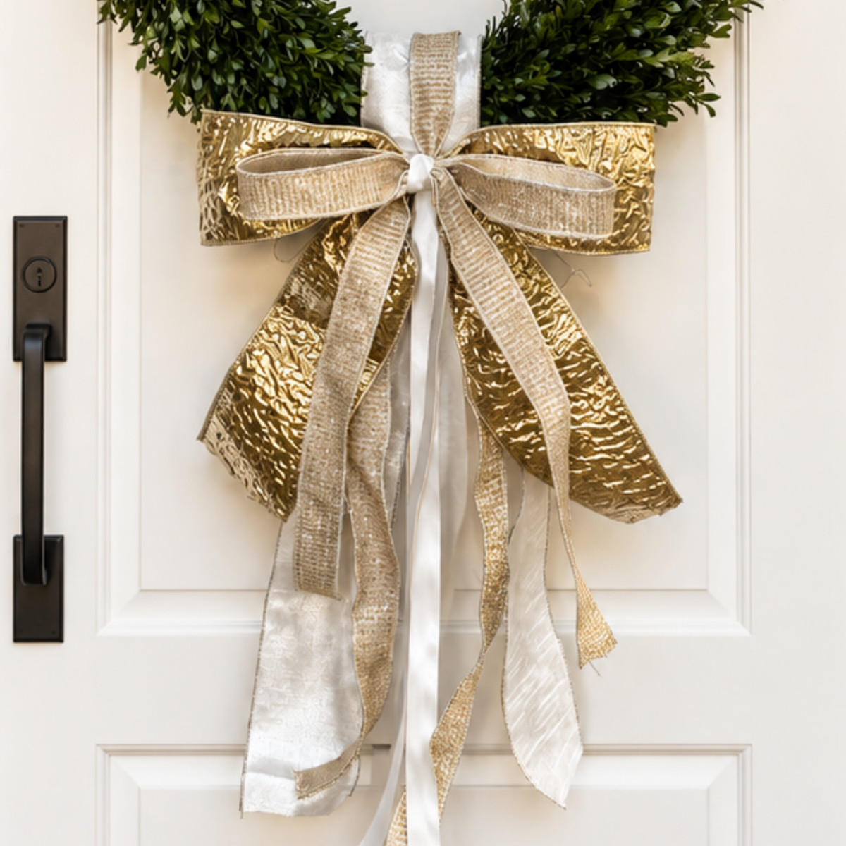 Bow of crinkled gold, champagne glitter and silver-white ribbons with long tails on a boxwood wreath