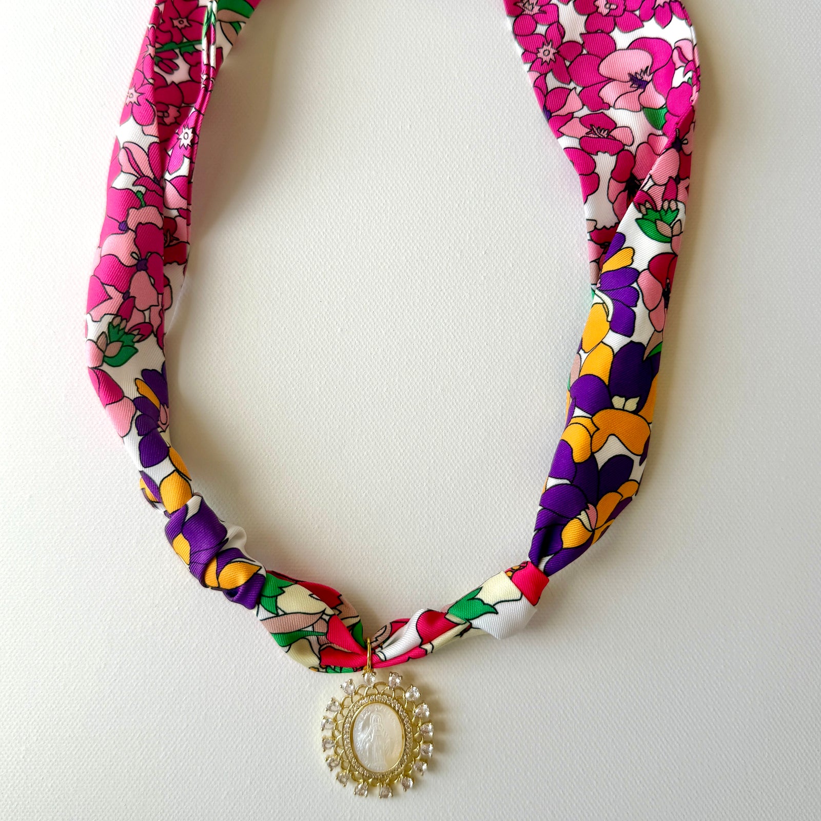 Pink Mother Mary Rhinestone - Scarf Charm Necklace