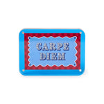 Rectangular acrylic sign featuring 'CARPE DIEM' in striped white lettering on a wavy light blue insert, surrounded by a red and white checkered border and a vibrant blue transparent frame with silver fasteners