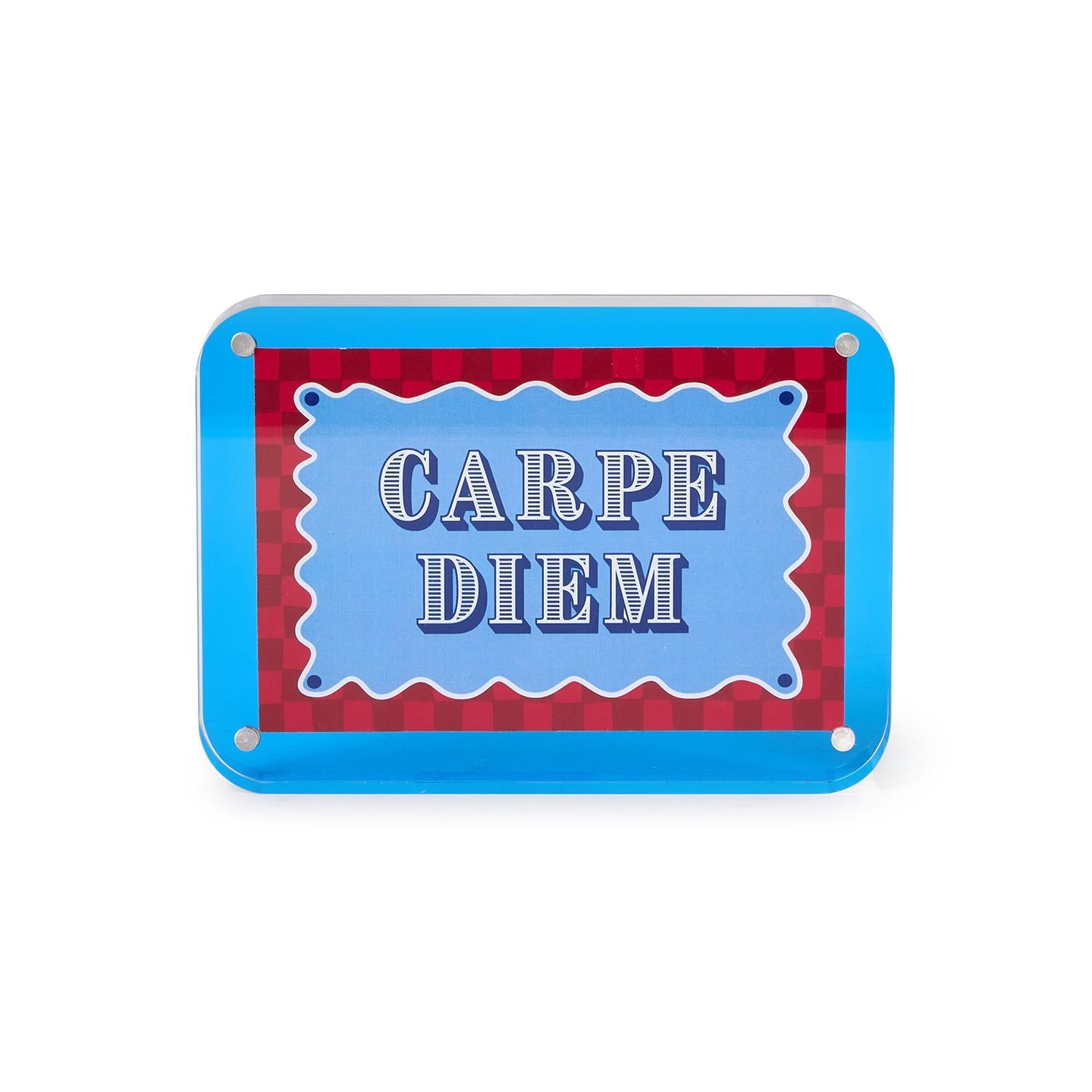Rectangular acrylic sign featuring 'CARPE DIEM' in striped white lettering on a wavy light blue insert, surrounded by a red and white checkered border and a vibrant blue transparent frame with silver fasteners