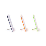Three clear acrylic objects featuring detailed blue, orange, and green profile edges stand on individual silver metal rods against a stark white studio background