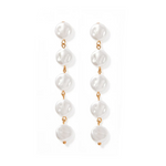 Pair of elegant drop earrings featuring four white coin pearls linked by delicate gold chains on a clean white background