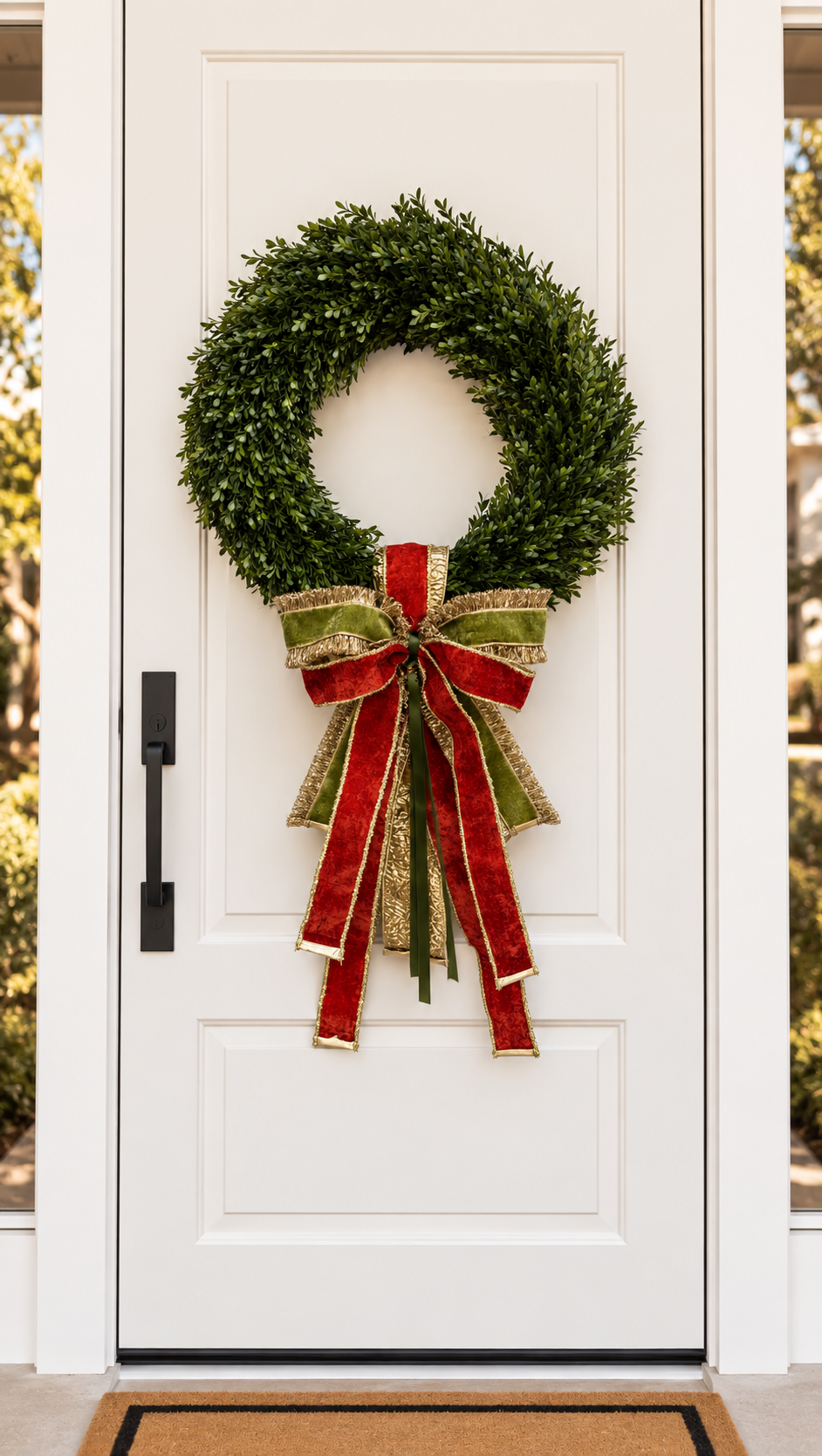 White front door with a boxwood wreath and a red, olive green and gold ribbon bow