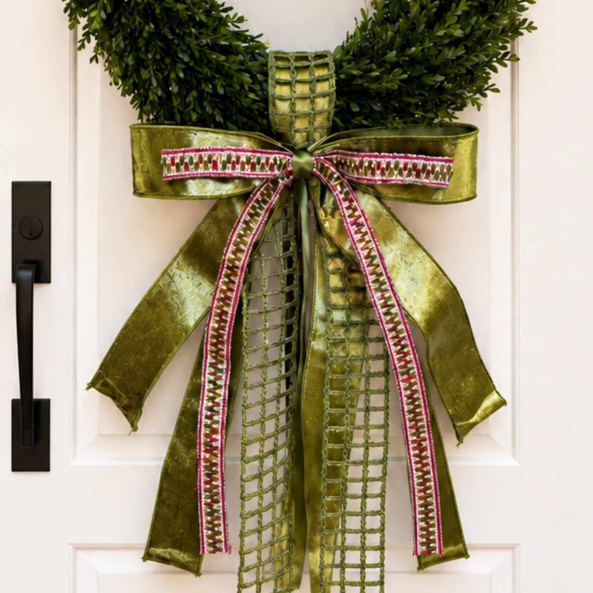 Bow of olive green velvet, green lattice and pink and green woven trim ribbons on a boxwood wreath