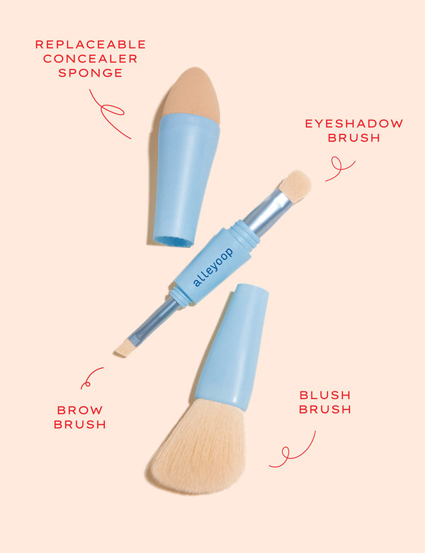 Multi-use makeup tool with replaceable concealer sponge, eyeshadow brush, brow brush, and blush brush
