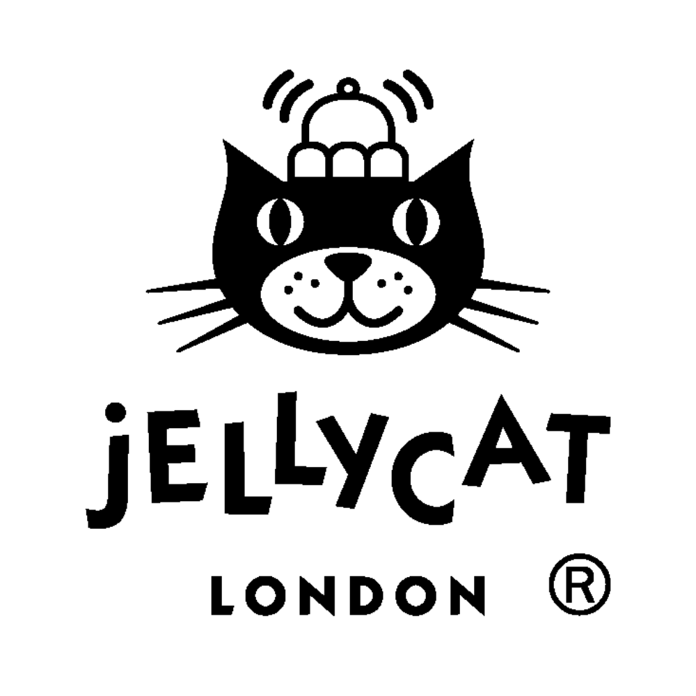 Jellycat logo with a black cat face and crown on a white background