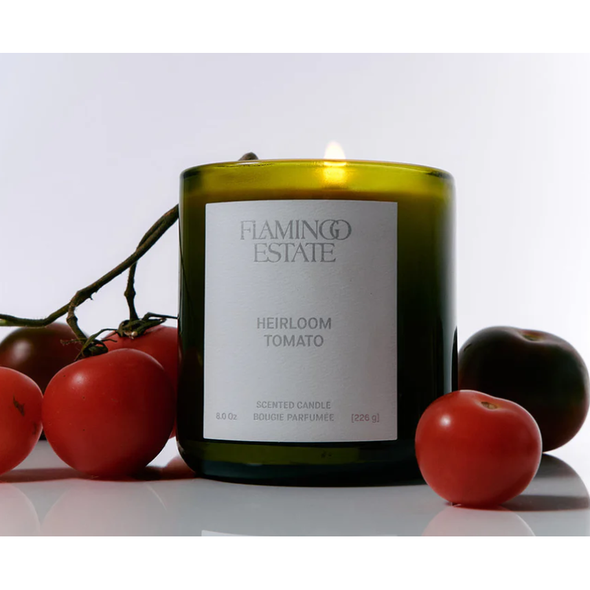 Flamingo Estate Heirloom Tomato candle with red vine tomatoes
