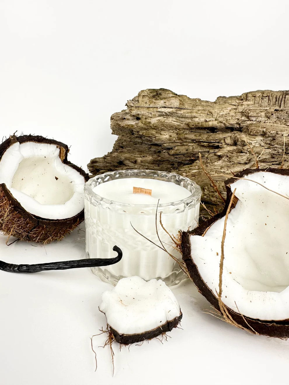 Aroma Avenue Beachwood candle and packaging on a white background