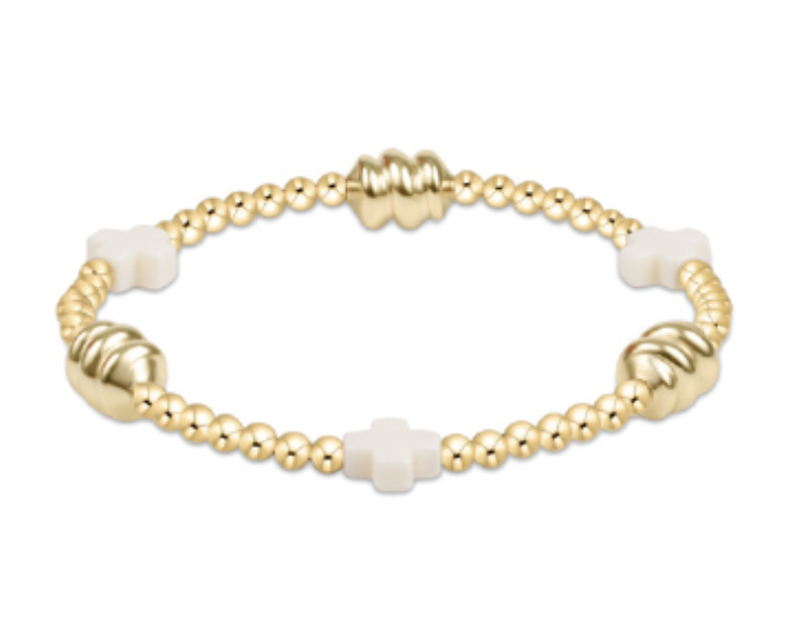 Signature Cross Admire Gold and Off White Pattern 3mm Bead Bracelet