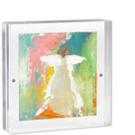 Abstract painting of an angel in a clear acrylic block frame