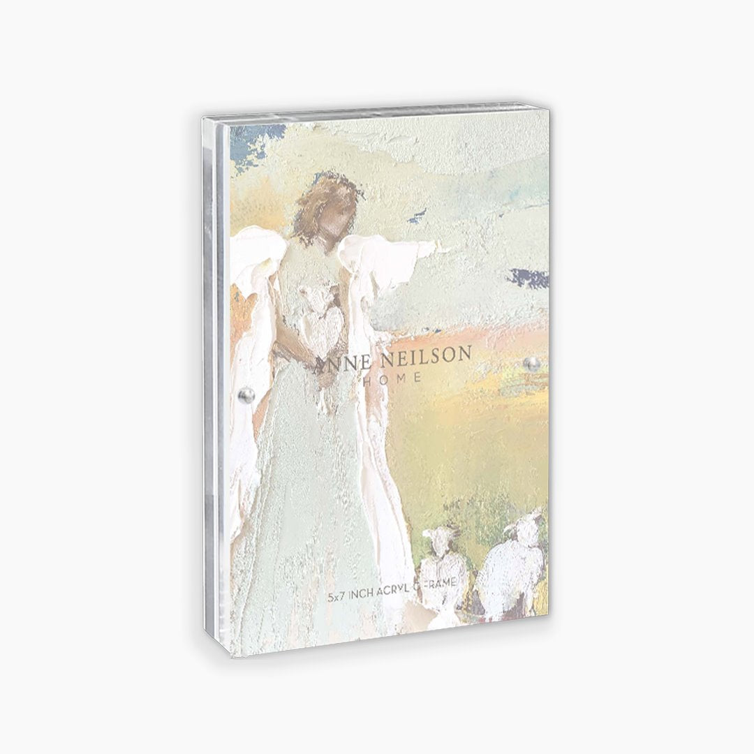 Clear acrylic 5x7 inch frame featuring an abstract painting of an angel and sheep