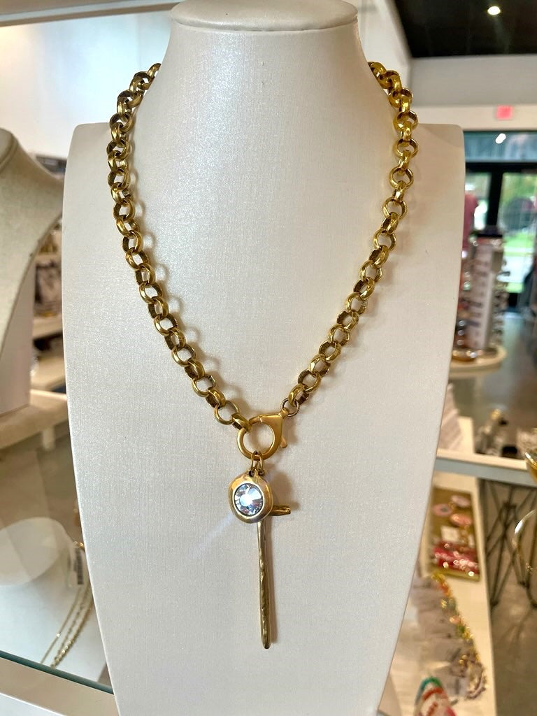Long Cross & Diamond Hammered Chain Necklace