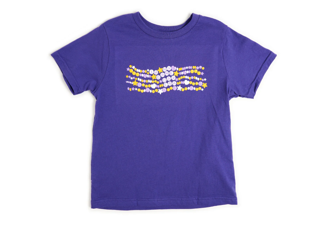 purple t-shirt which gold and light purple friendship bracelet print saying In My Gameday Era