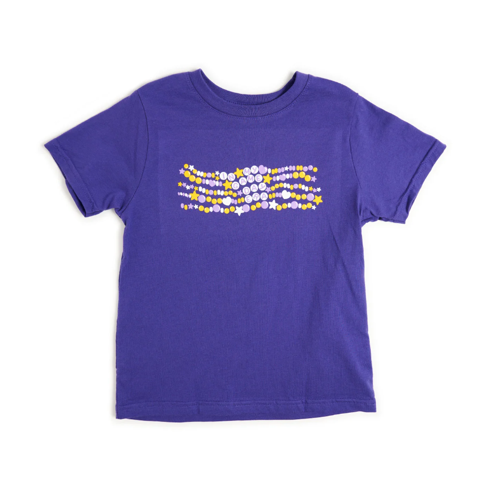 purple t-shirt which gold and light purple friendship bracelet print saying In My Gameday Era