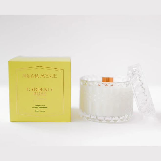 Aroma Avenue Gardenia Rose candle and packaging on a white background