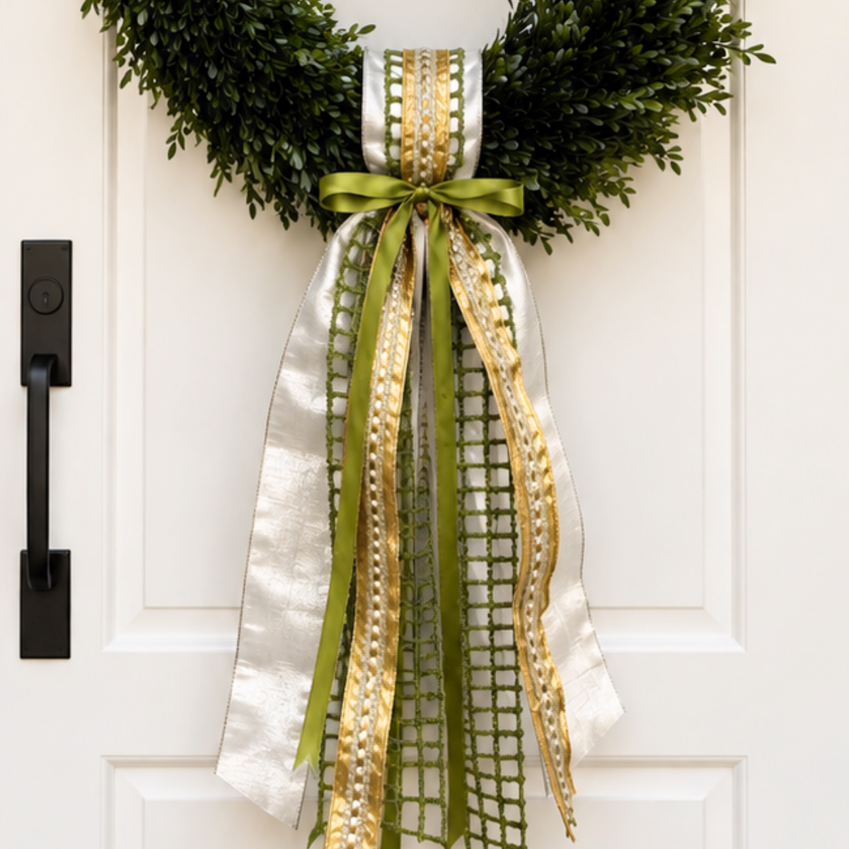 Sash of silver-white, gold trim and green lattice ribbons tied with a small olive bow on a boxwood wreath