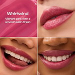 Lipstick shade 'Whirlwind' with close-up of lips wearing it on different skin tones.