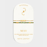 May birthstone bracelet set with green agate beads and gold bar charm on display card