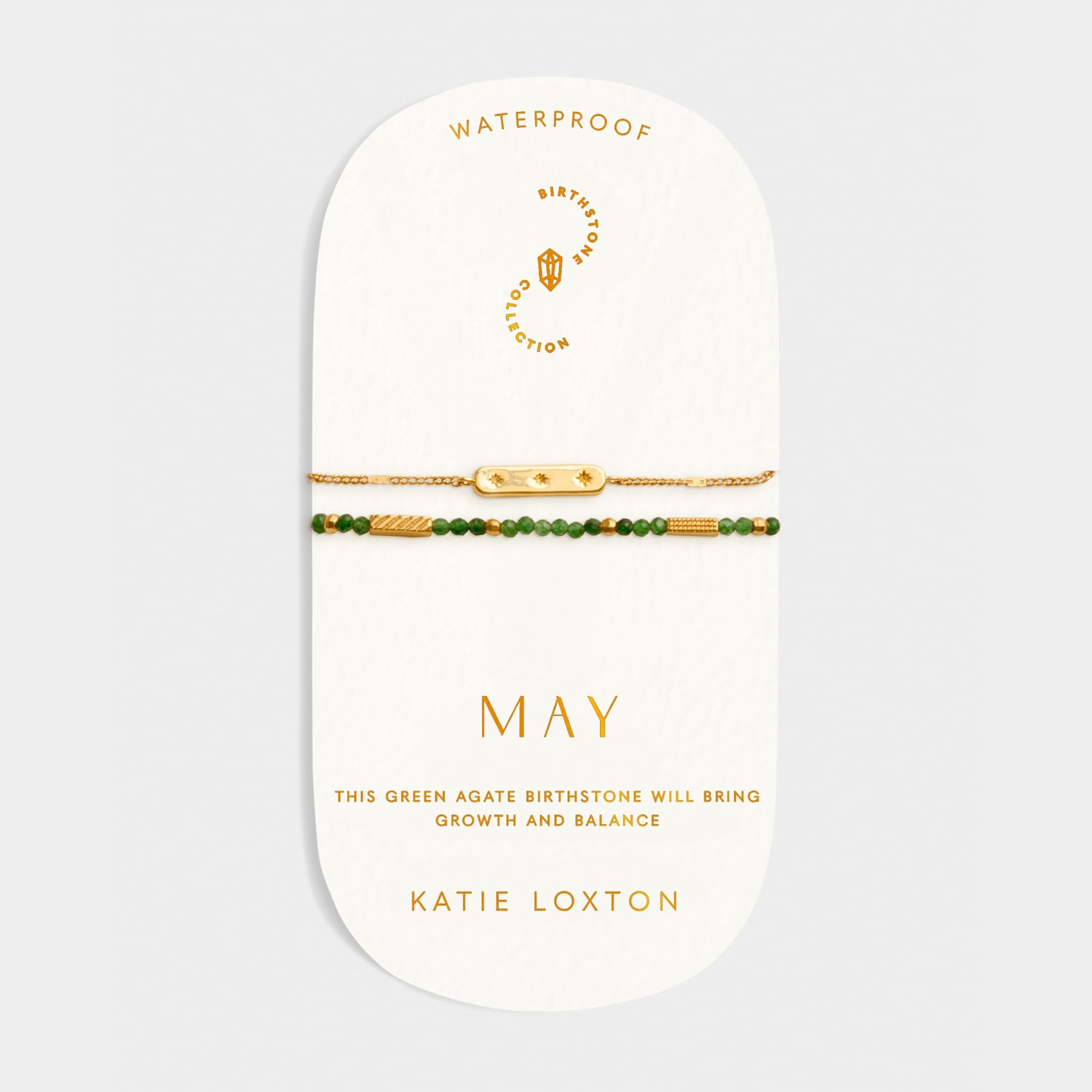 May birthstone bracelet set with green agate beads and gold bar charm on display card