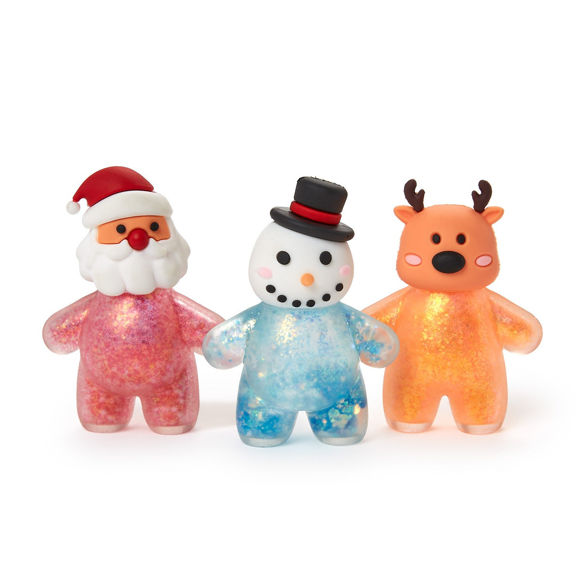 Three glitter squishy toys: pink Santa, blue snowman in a top hat and orange reindeer