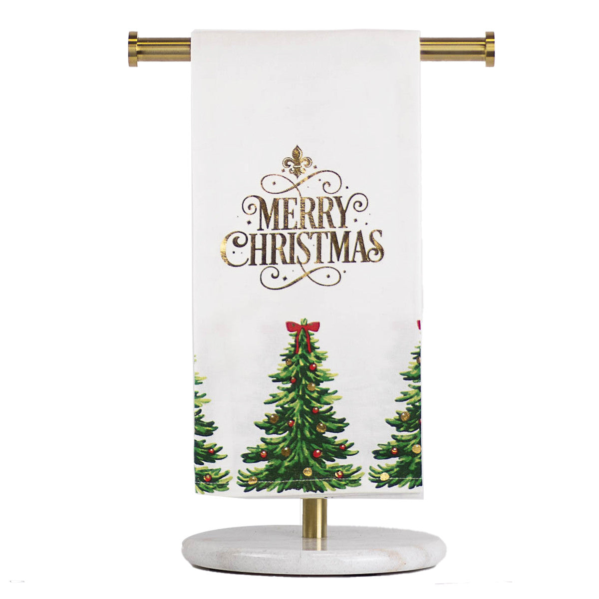 White tea towel with Merry Christmas text and decorated Christmas tree print on a gold and marble stand