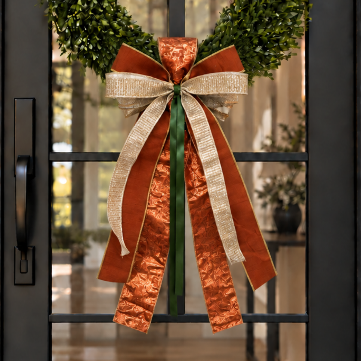 Copper orange, gold glitter and green ribbon bow with long tails on a boxwood wreath on a black glass door
