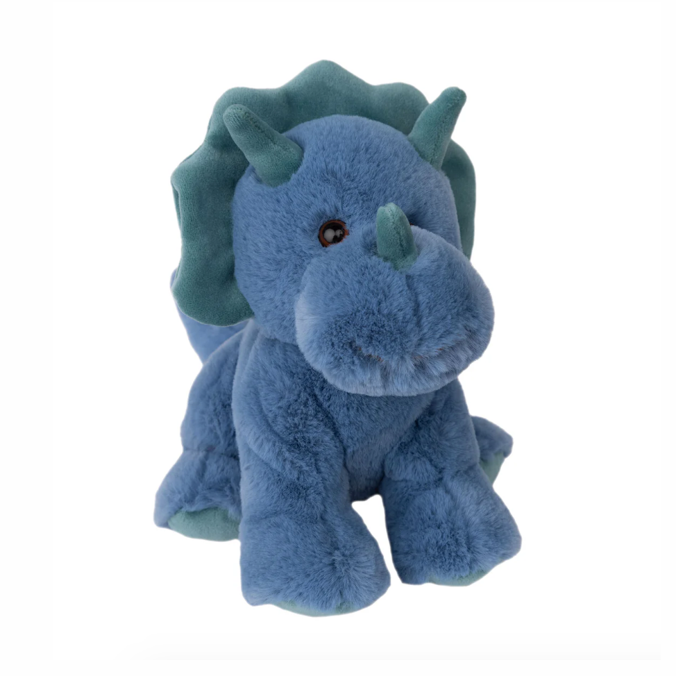 Blue plush triceratops toy on a white background