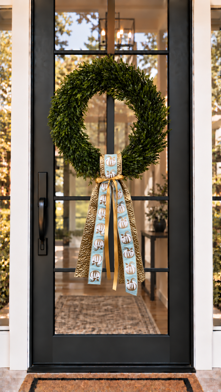Black front door with a boxwood wreath and a gold and aqua pumpkin ribbon sash