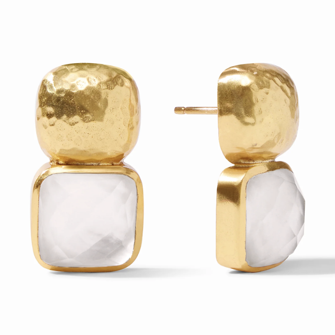 Gold hammered stud earrings with square white faceted stones