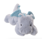 Plush dragon toy with blue wings on a white background