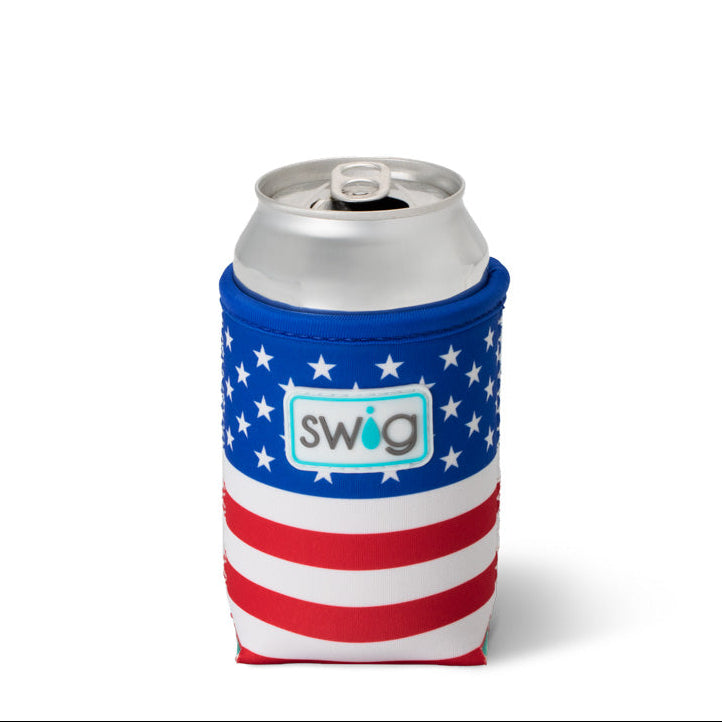 A Swig branded insulated can coolie with a patriotic red, white, and blue design, designed to keep drinks cold.