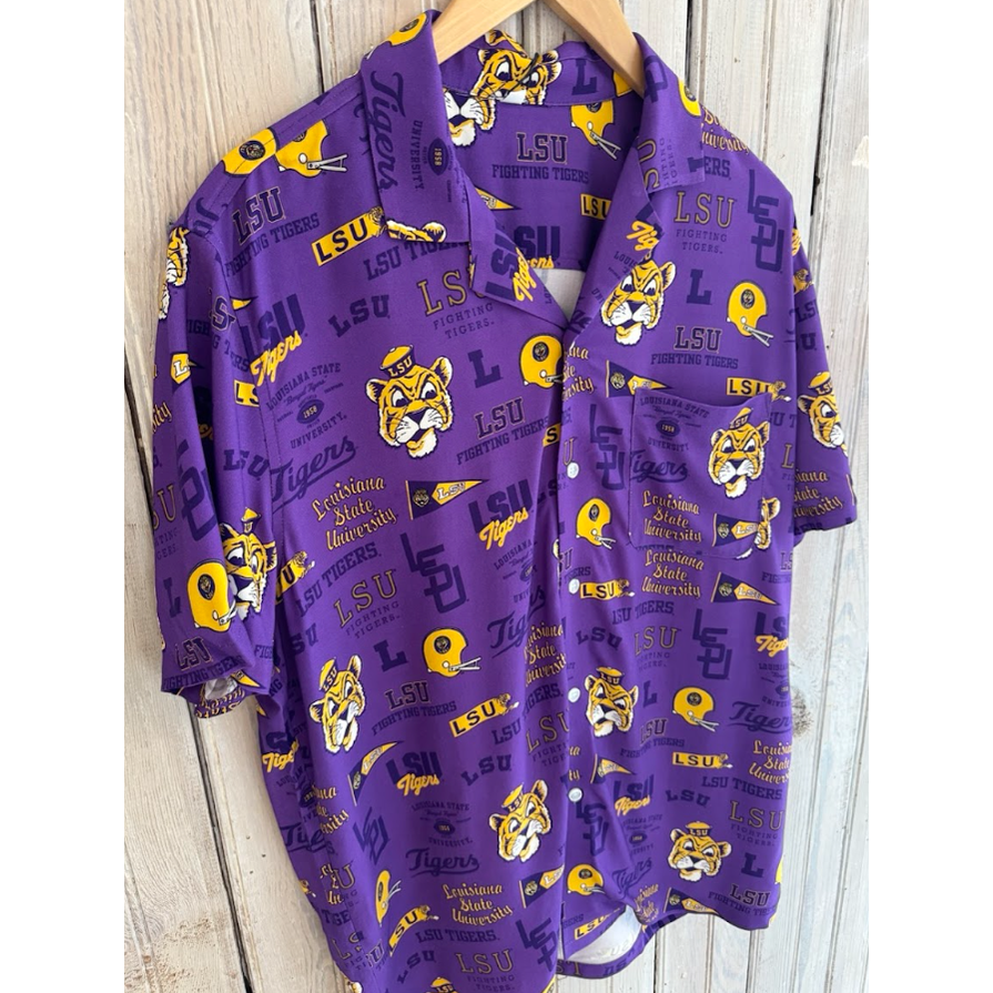 Purple short sleeve button down shirt with LSU Tigers logos and text pattern