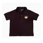 Photograph of a Port Authority black youth polo shirt representing New Orleans featuring the embroidered Geaux Saints logo with a golden football graphic and a classic two-button placket