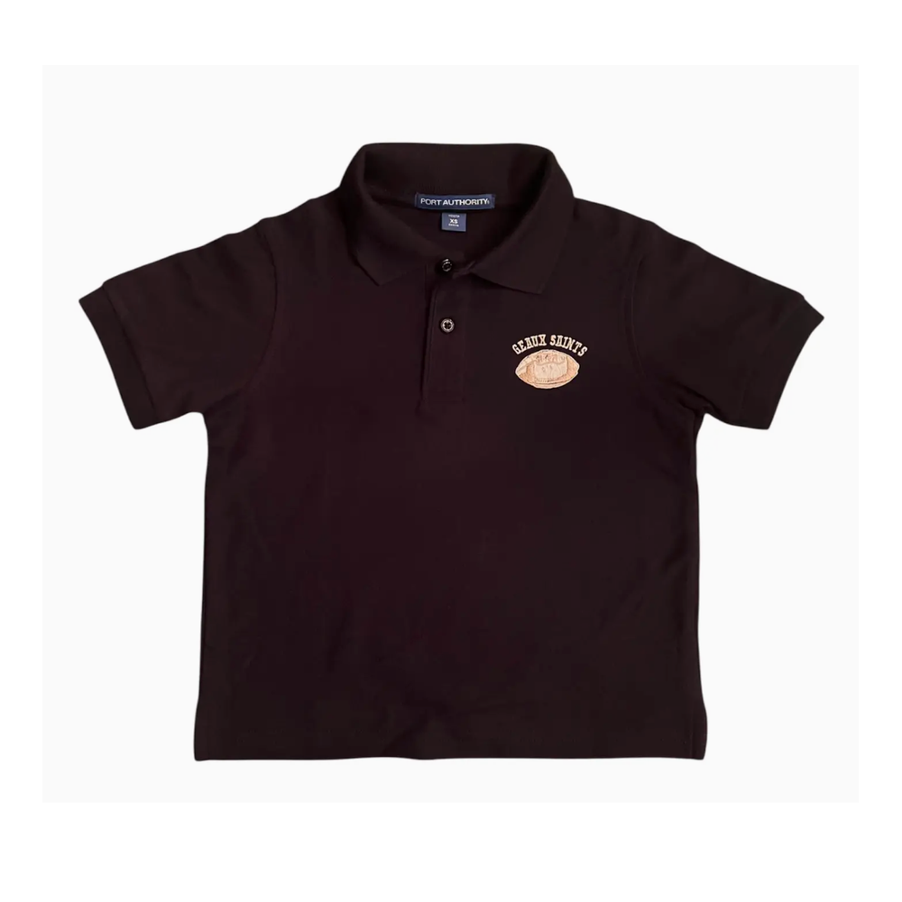 Photograph of a Port Authority black youth polo shirt representing New Orleans featuring the embroidered Geaux Saints logo with a golden football graphic and a classic two-button placket