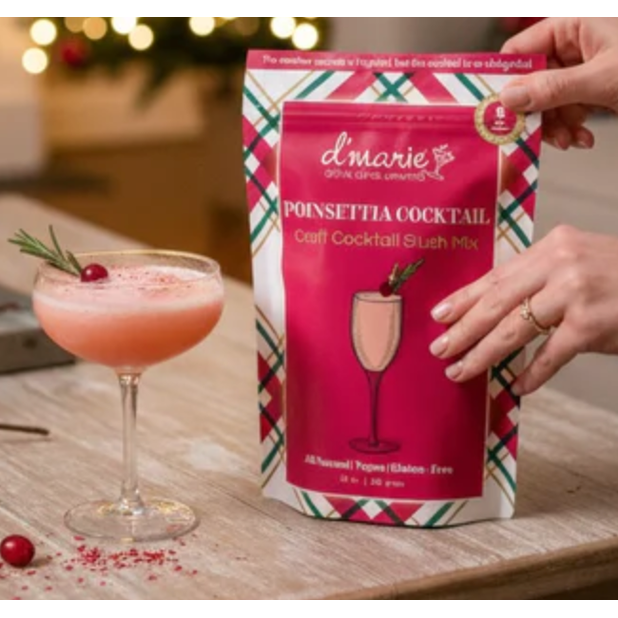 D marie Poinsettia Cocktail slush mix pouch with a prepared cocktail in a coupe glass
