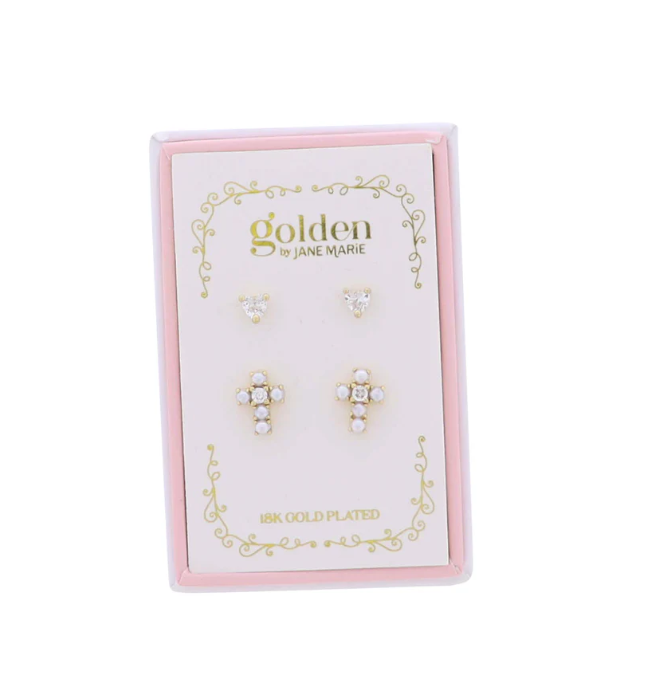 Heart & Pearl Cross Stud Earrings Set of 2