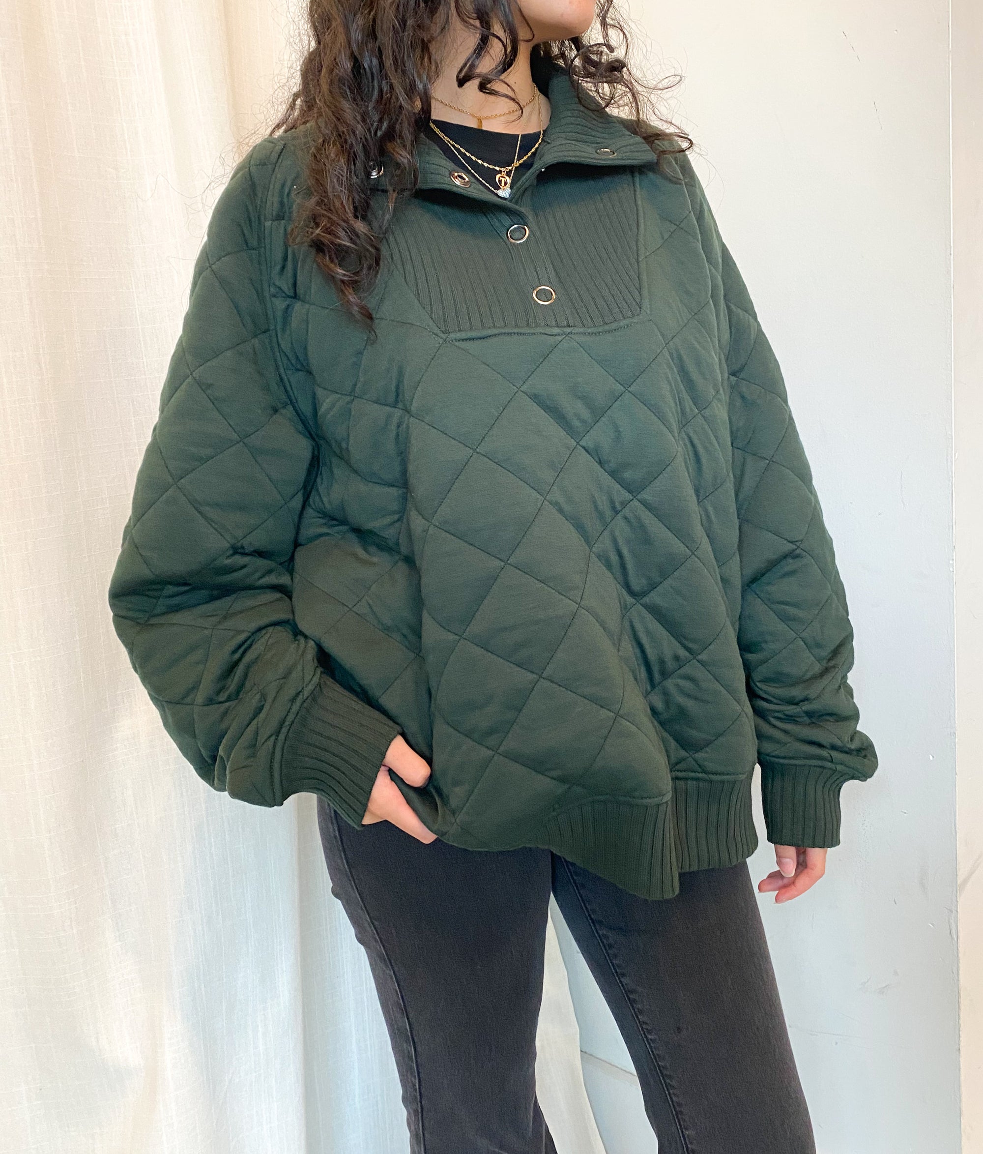 Green Quilted 1/4 Snap Pullover