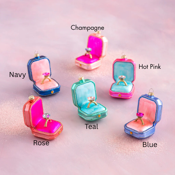 Ring box ornaments labeled navy, champagne, hot pink, rose, teal and blue
