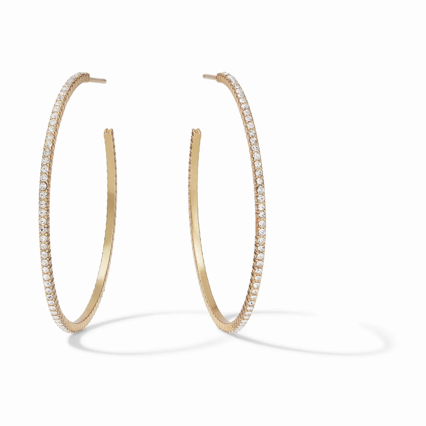 Gold hoop earrings with pavé set white stones