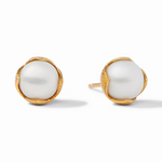 Gold stud earrings with white pearls in a textured gold setting