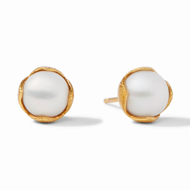 Gold stud earrings with white pearls in a textured gold setting