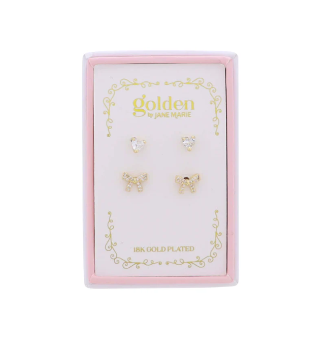 Heart & Bow Stud Earrings Set of 2