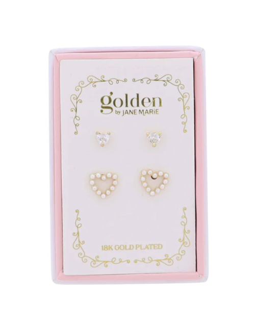 Clear Heart & Pearl Heart Stud Earrings Set of 2