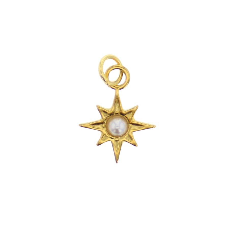 Polished yellow gold eight-point starburst charm with a central round white pearl