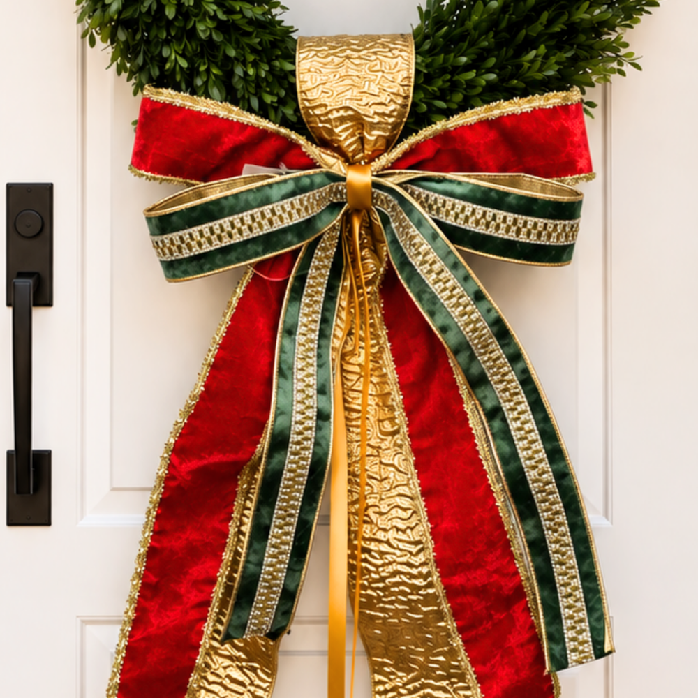 Red, green and gold ribbon sash and bow on a wreath